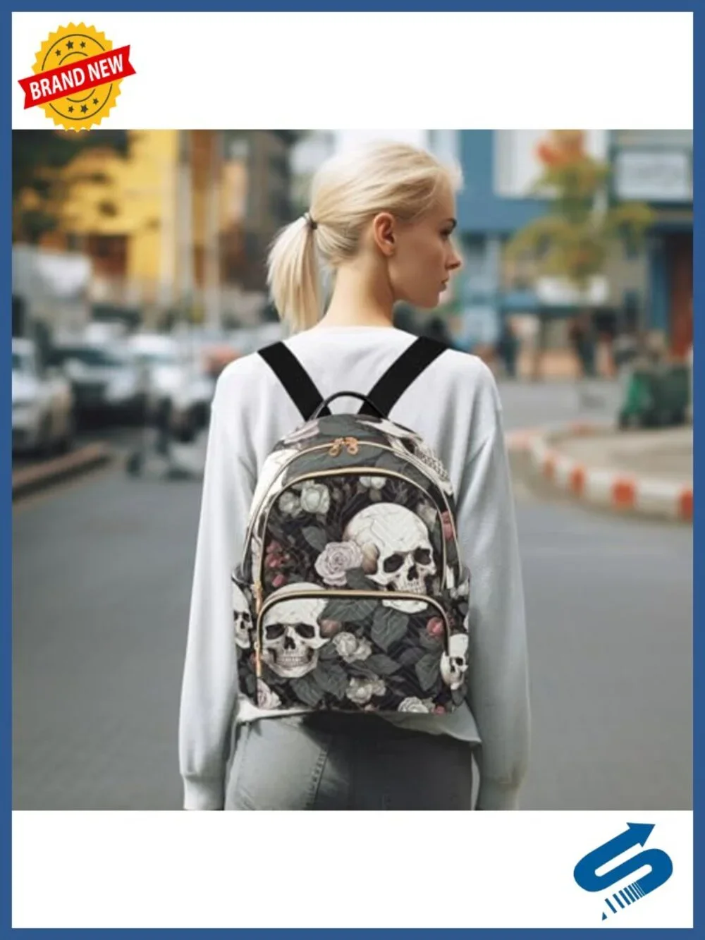ALA White Skull Rose Flowers Nylon Small Backpack Purse Lightweight Travel